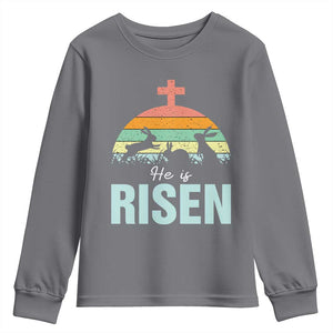 Retro He is Risen Youth Sweatshirt Bunny Easter Cross Christian Religious Jesus Has Risen TS10 Charcoal Print Your Wear