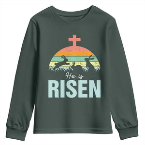 Retro He is Risen Youth Sweatshirt Bunny Easter Cross Christian Religious Jesus Has Risen TS10 Dark Forest Green Print Your Wear