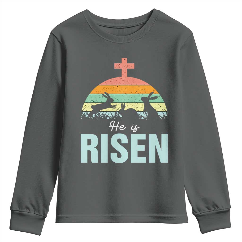 Retro He is Risen Youth Sweatshirt Bunny Easter Cross Christian Religious Jesus Has Risen TS10 Dark Heather Print Your Wear