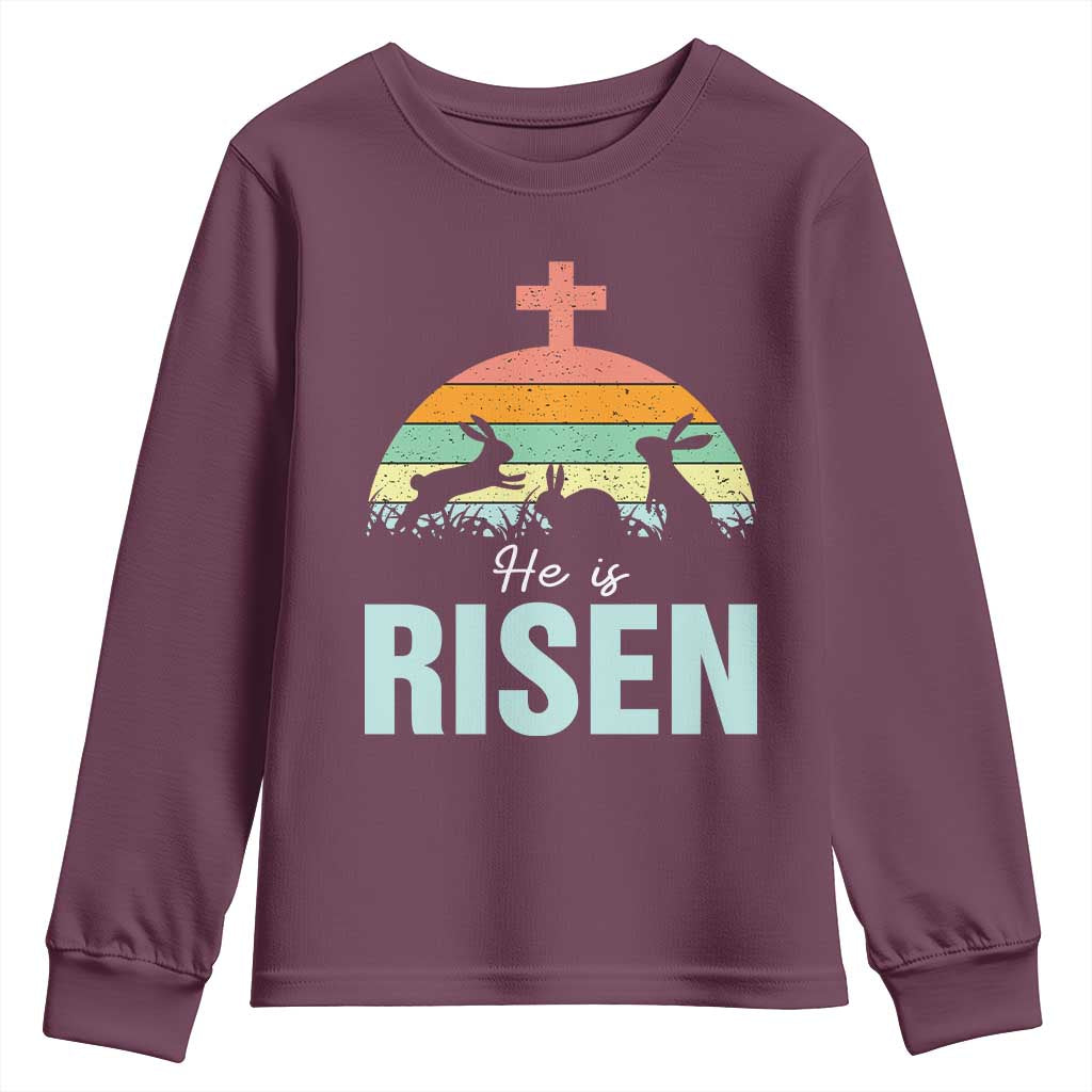 Retro He is Risen Youth Sweatshirt Bunny Easter Cross Christian Religious Jesus Has Risen TS10 Maroon Print Your Wear