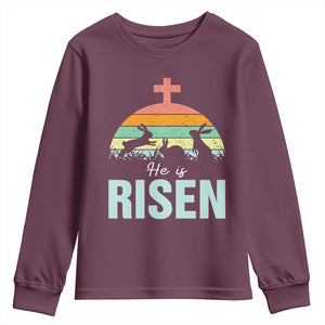 Retro He is Risen Youth Sweatshirt Bunny Easter Cross Christian Religious Jesus Has Risen TS10 Maroon Print Your Wear