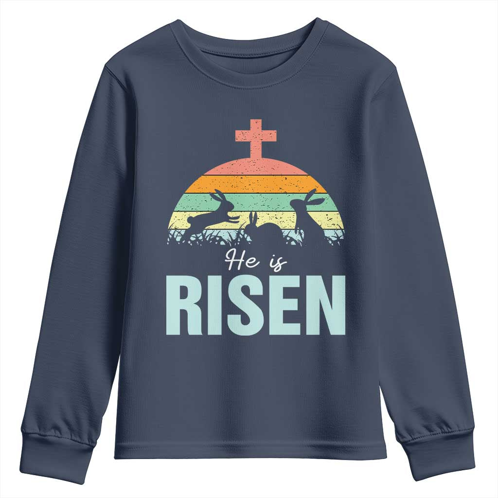 Retro He is Risen Youth Sweatshirt Bunny Easter Cross Christian Religious Jesus Has Risen TS10 Navy Print Your Wear