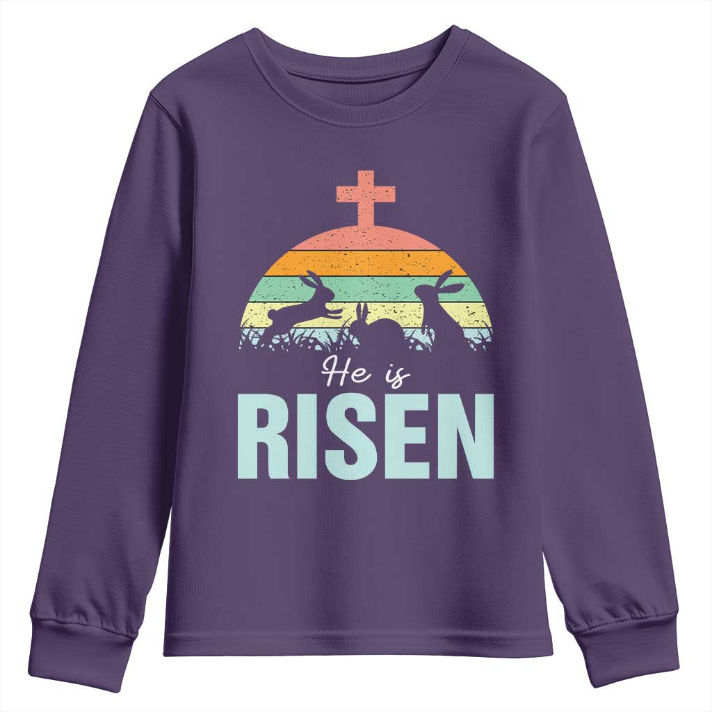 Retro He is Risen Youth Sweatshirt Bunny Easter Cross Christian Religious Jesus Has Risen TS10 Purple Print Your Wear