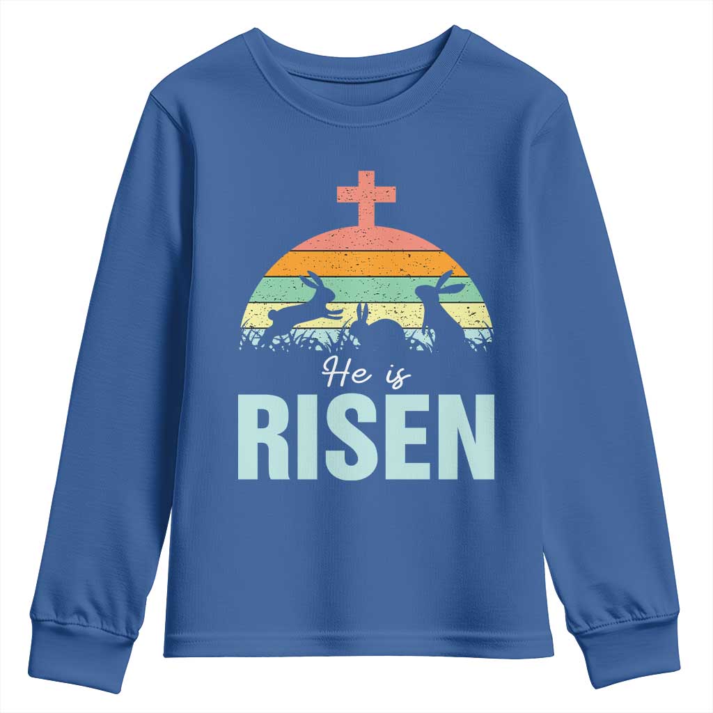 Retro He is Risen Youth Sweatshirt Bunny Easter Cross Christian Religious Jesus Has Risen TS10 Royal Blue Print Your Wear