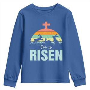 Retro He is Risen Youth Sweatshirt Bunny Easter Cross Christian Religious Jesus Has Risen TS10 Royal Blue Print Your Wear