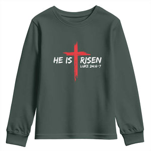 Jesus He Is Risen Youth Sweatshirt Christian Cross Bible Verse Easter Day TS10 Dark Forest Green Print Your Wear