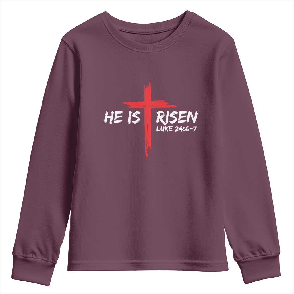 Jesus He Is Risen Youth Sweatshirt Christian Cross Bible Verse Easter Day TS10 Maroon Print Your Wear