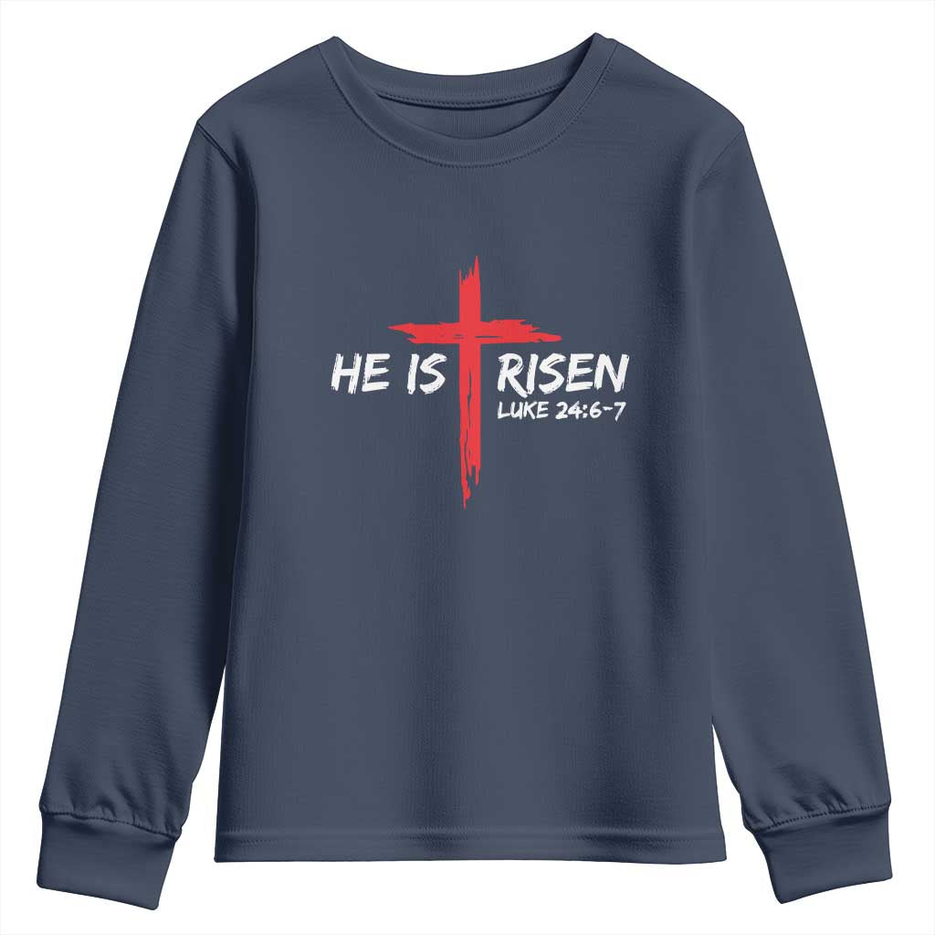 Jesus He Is Risen Youth Sweatshirt Christian Cross Bible Verse Easter Day TS10 Navy Print Your Wear