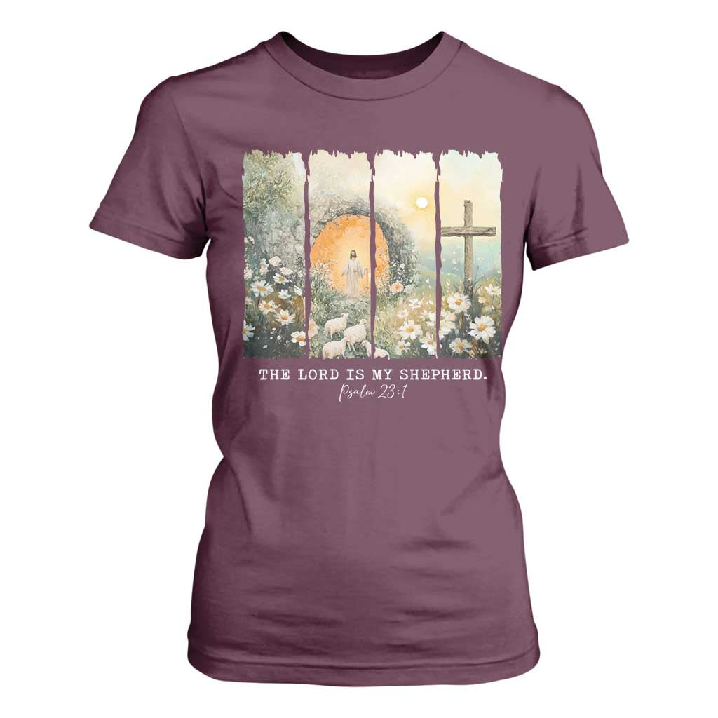 Lord Is My Shepherd T Shirt For Women Easter Religious Christian Cross Bible Verse TS10 Maroon Print Your Wear