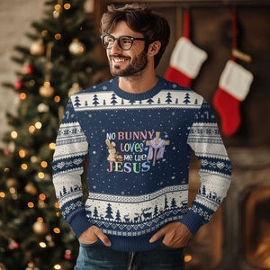 Funny Christian Easter Ugly Christmas Sweater No Bunny Loves Me Like Jesus TS10 Navy Beige Print Your Wear