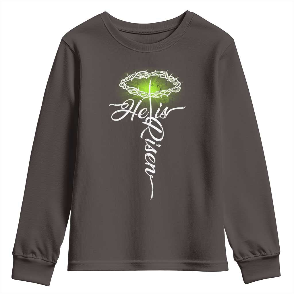 He Is Risen Youth Sweatshirt Cross Jesus Religious Easter TS10 Dark Chocolate Print Your Wear