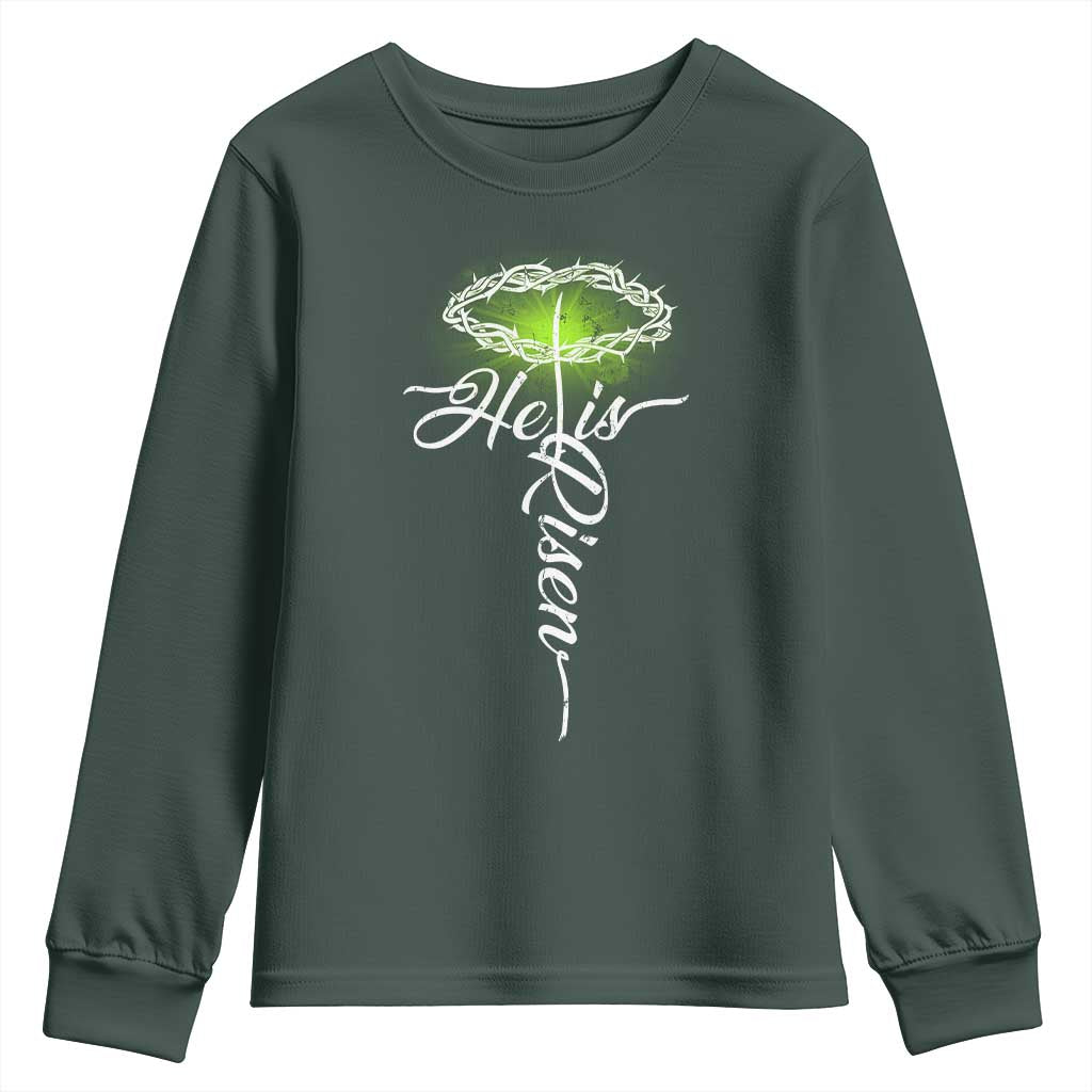 He Is Risen Youth Sweatshirt Cross Jesus Religious Easter TS10 Dark Forest Green Print Your Wear