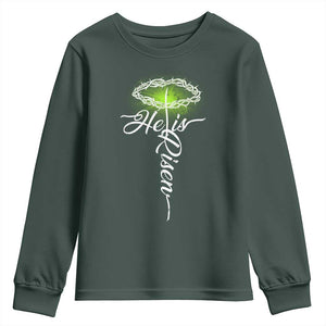 He Is Risen Youth Sweatshirt Cross Jesus Religious Easter TS10 Dark Forest Green Print Your Wear