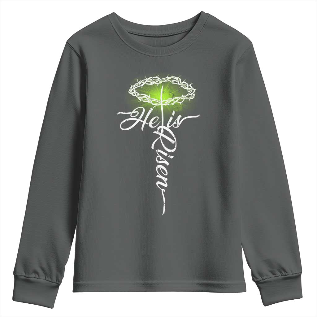 He Is Risen Youth Sweatshirt Cross Jesus Religious Easter TS10 Dark Heather Print Your Wear