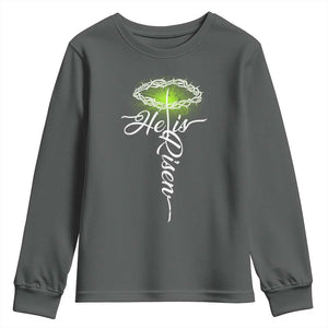 He Is Risen Youth Sweatshirt Cross Jesus Religious Easter TS10 Dark Heather Print Your Wear
