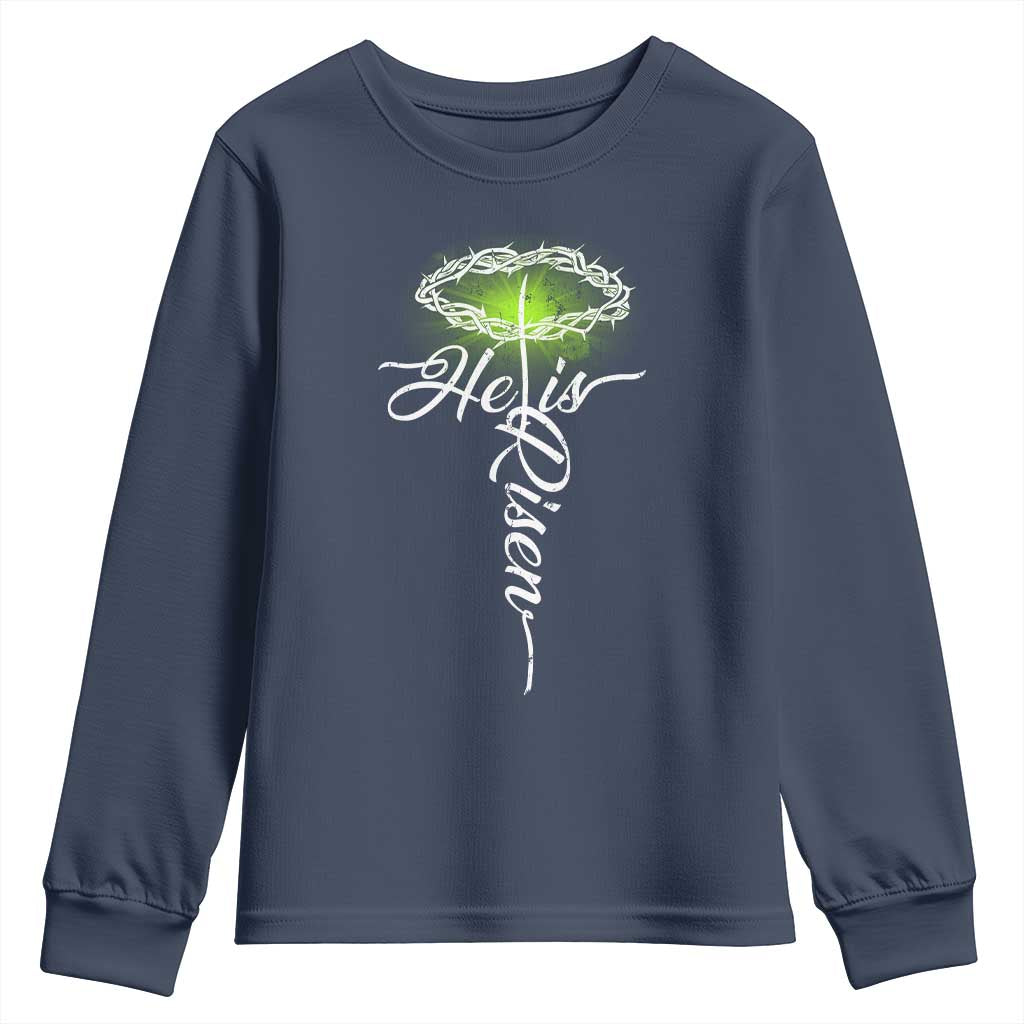 He Is Risen Youth Sweatshirt Cross Jesus Religious Easter TS10 Navy Print Your Wear