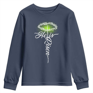 He Is Risen Youth Sweatshirt Cross Jesus Religious Easter TS10 Navy Print Your Wear