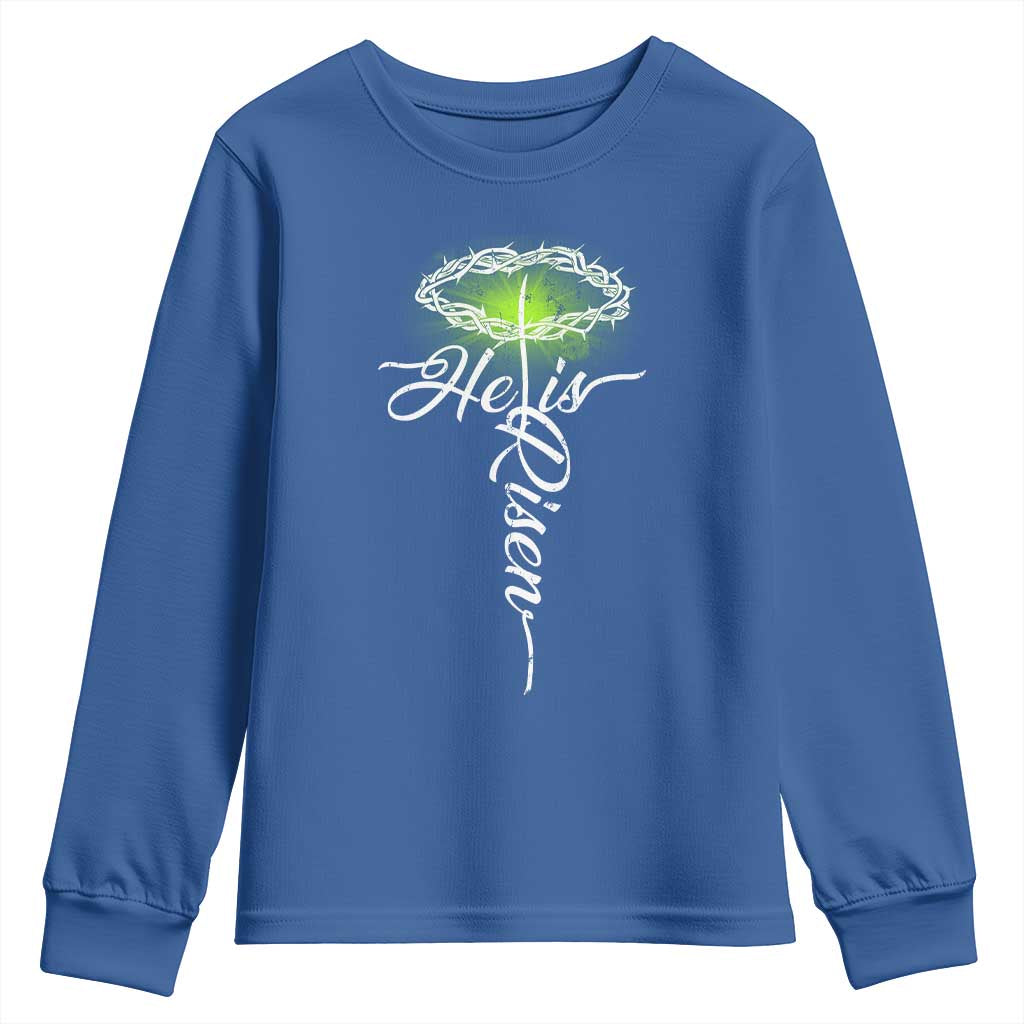 He Is Risen Youth Sweatshirt Cross Jesus Religious Easter TS10 Royal Blue Print Your Wear