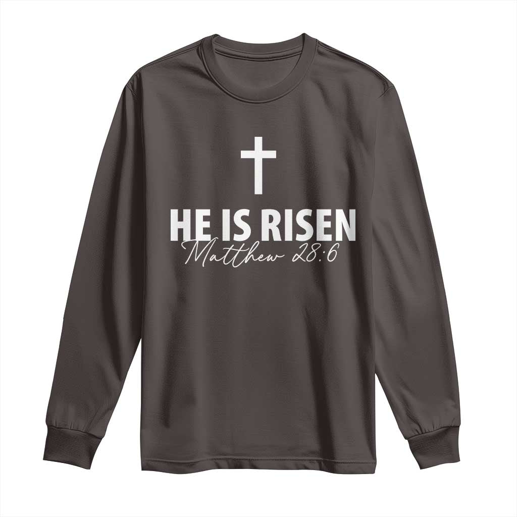 He Is Risen Long Sleeve Shirt Cross Christian Minimal Religious Easter Day TS10 Dark Chocolate Print Your Wear