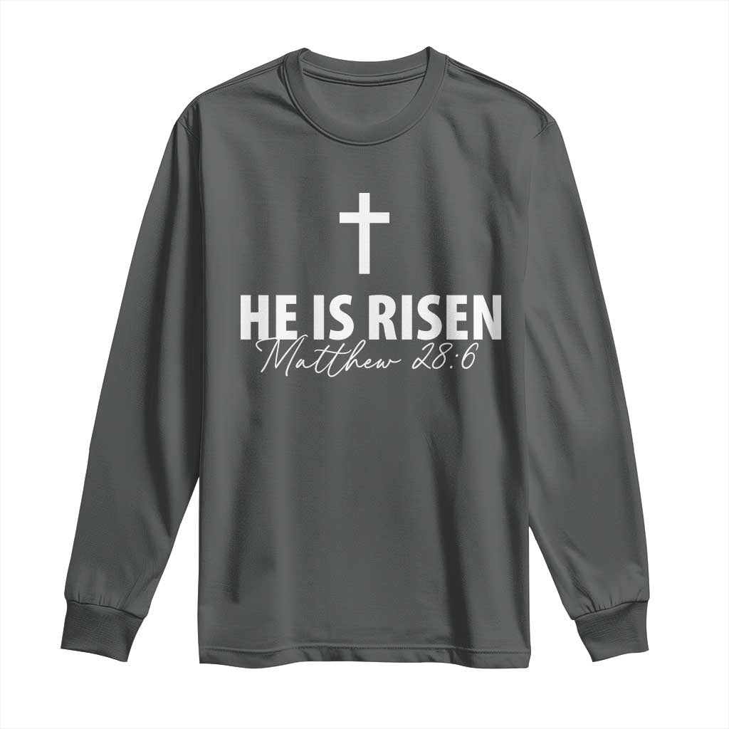 He Is Risen Long Sleeve Shirt Cross Christian Minimal Religious Easter Day TS10 Dark Heather Print Your Wear