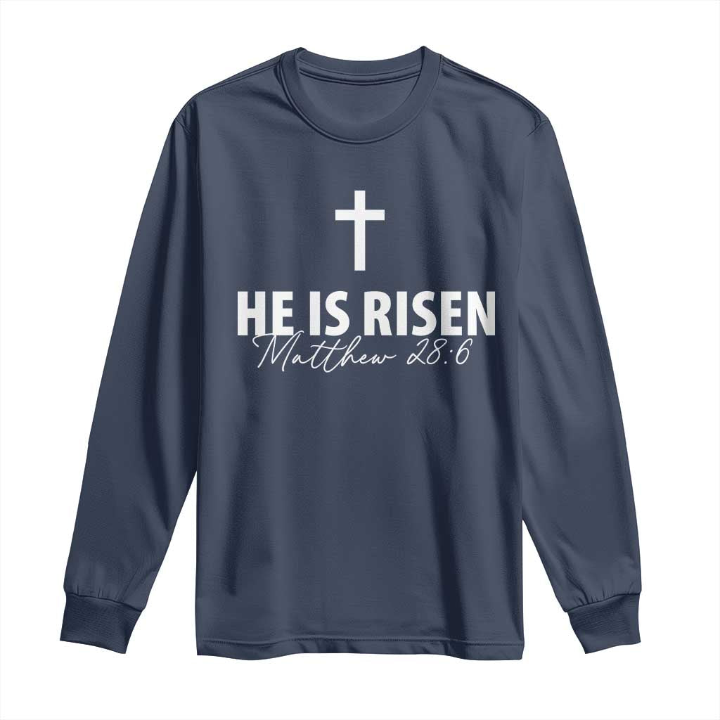 He Is Risen Long Sleeve Shirt Cross Christian Minimal Religious Easter Day TS10 Navy Print Your Wear