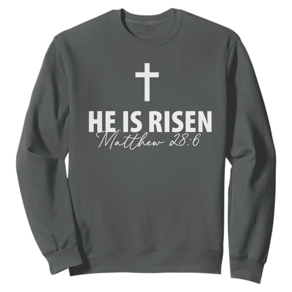 He Is Risen Sweatshirt Cross Christian Minimal Religious Easter Day TS10 Dark Heather Print Your Wear