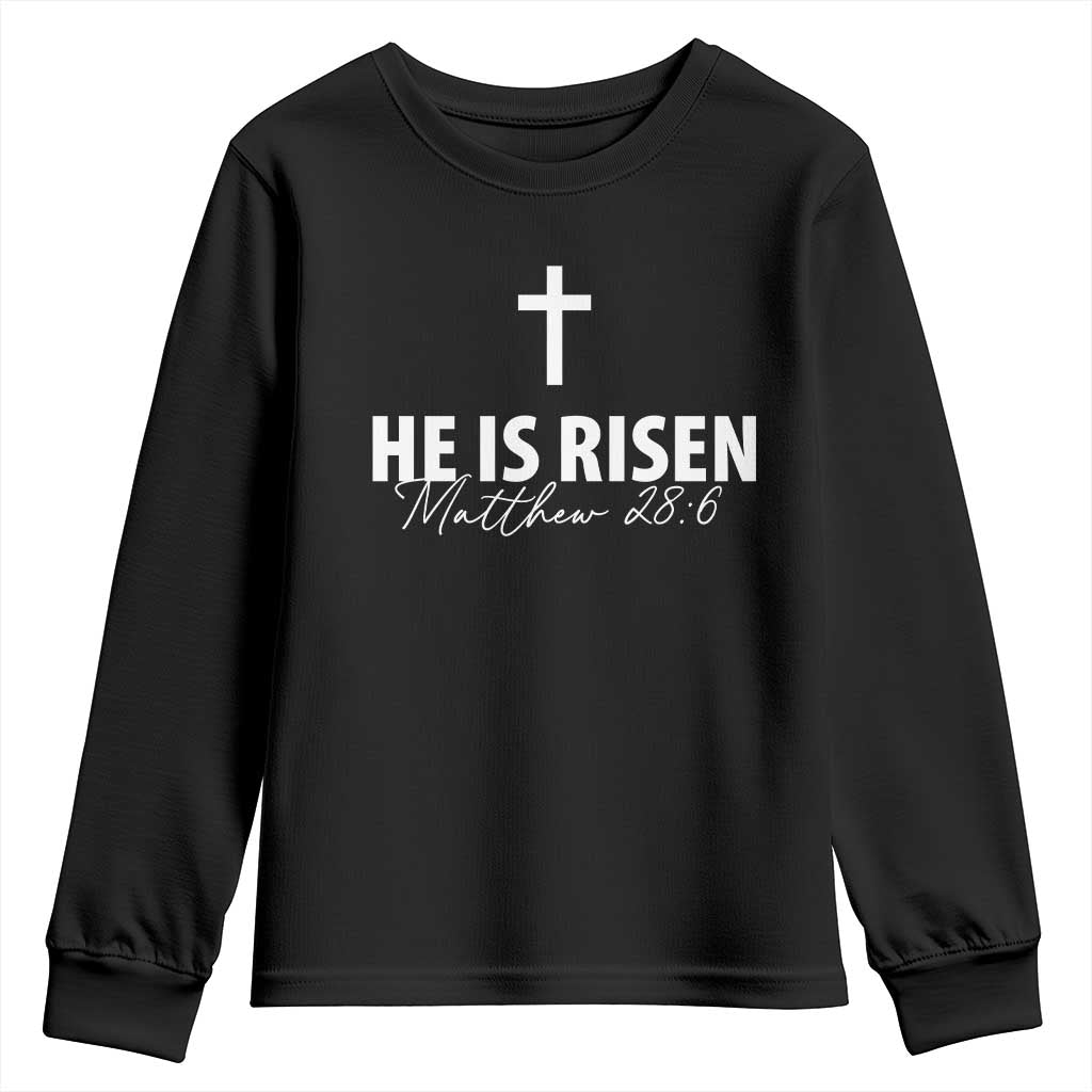 He Is Risen Youth Sweatshirt Cross Christian Minimal Religious Easter Day TS10 Black Print Your Wear