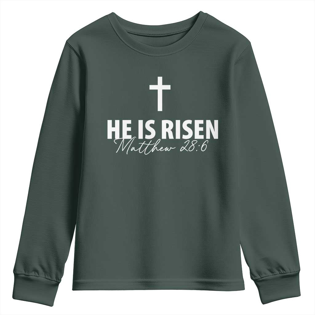 He Is Risen Youth Sweatshirt Cross Christian Minimal Religious Easter Day TS10 Dark Forest Green Print Your Wear