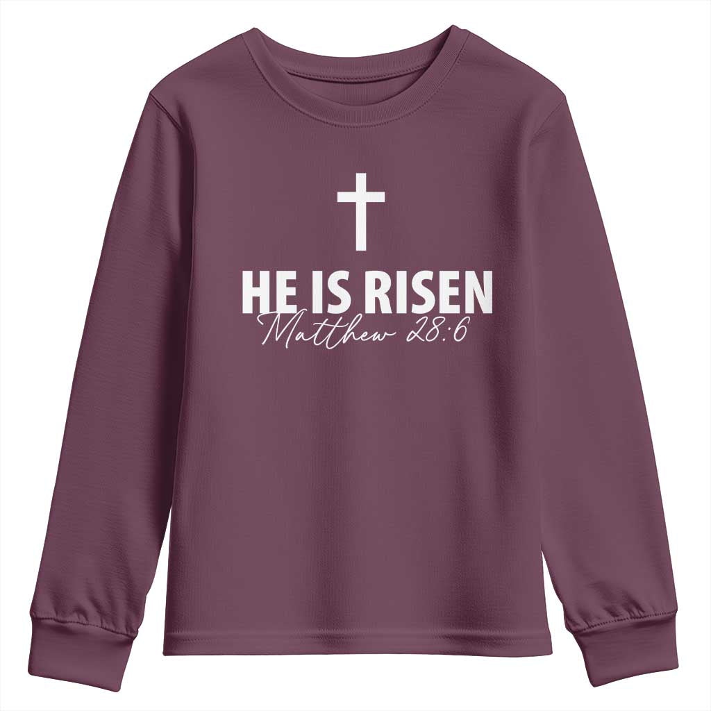 He Is Risen Youth Sweatshirt Cross Christian Minimal Religious Easter Day TS10 Maroon Print Your Wear