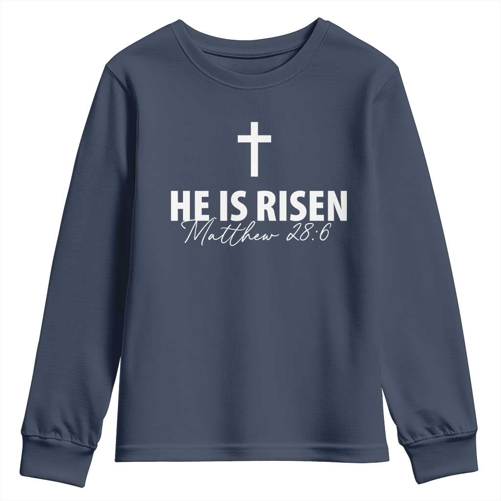 He Is Risen Youth Sweatshirt Cross Christian Minimal Religious Easter Day TS10 Navy Print Your Wear