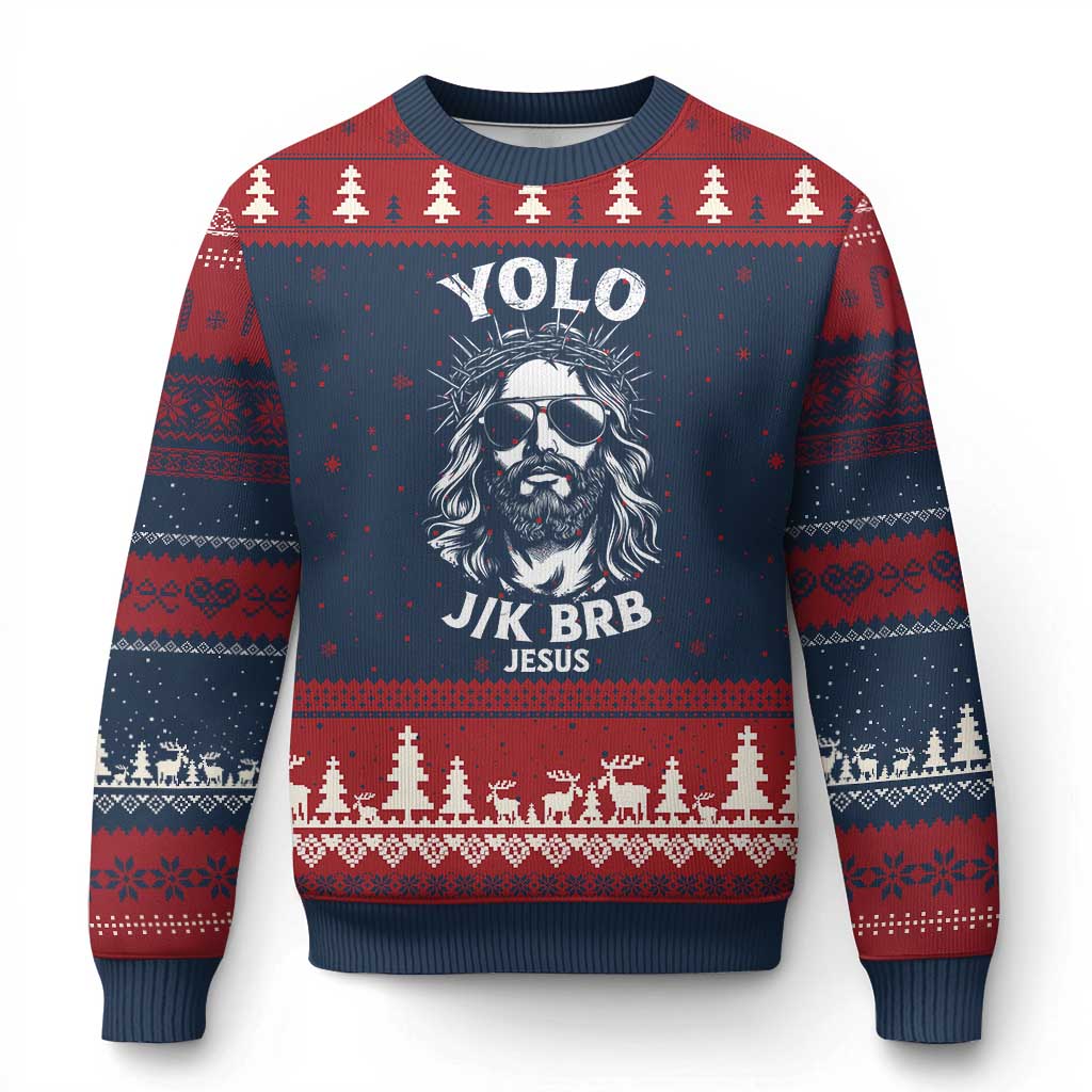 Yolo Jk BRB Jesus Ugly Christmas Sweater Funny Easter Ressurection Christians TS10 Navy Red Print Your Wear