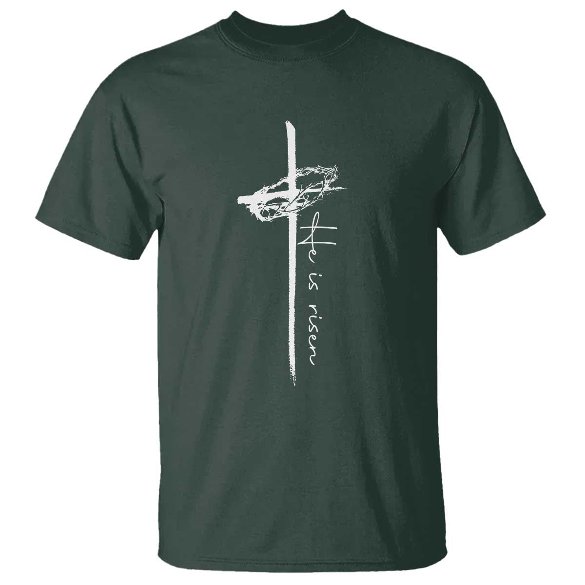Easter Cross He Is Risen Jesus Christian T Shirt TS10 Dark Forest Green Print Your Wear