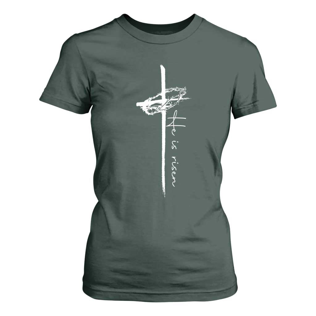 Easter Cross He Is Risen Jesus Christian T Shirt For Women TS10 Dark Forest Green Print Your Wear