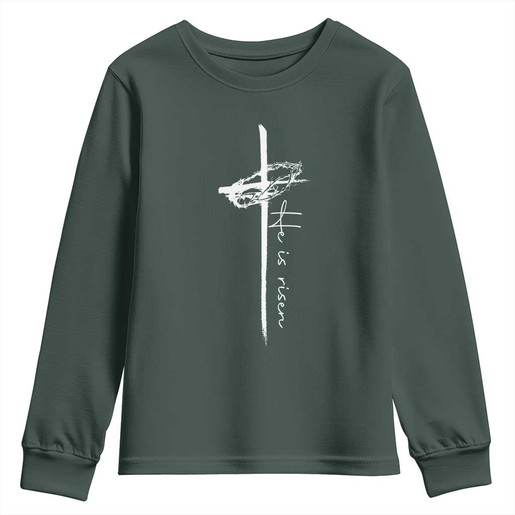 Easter Cross He Is Risen Jesus Christian Youth Sweatshirt TS10 Dark Forest Green Print Your Wear