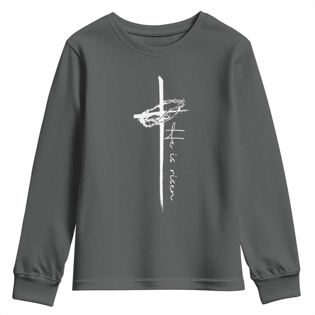 Easter Cross He Is Risen Jesus Christian Youth Sweatshirt TS10 Dark Heather Print Your Wear