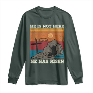 Jesus He is Risen Long Sleeve Shirt Matthew 28:6 Vintage Christian Easter TS10 Dark Forest Green Print Your Wear