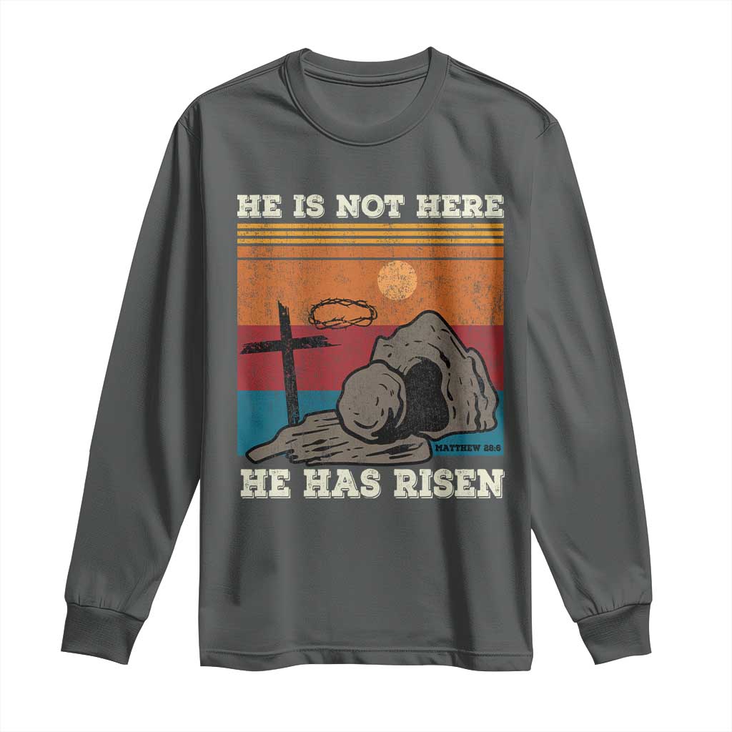 Jesus He is Risen Long Sleeve Shirt Matthew 28:6 Vintage Christian Easter TS10 Dark Heather Print Your Wear