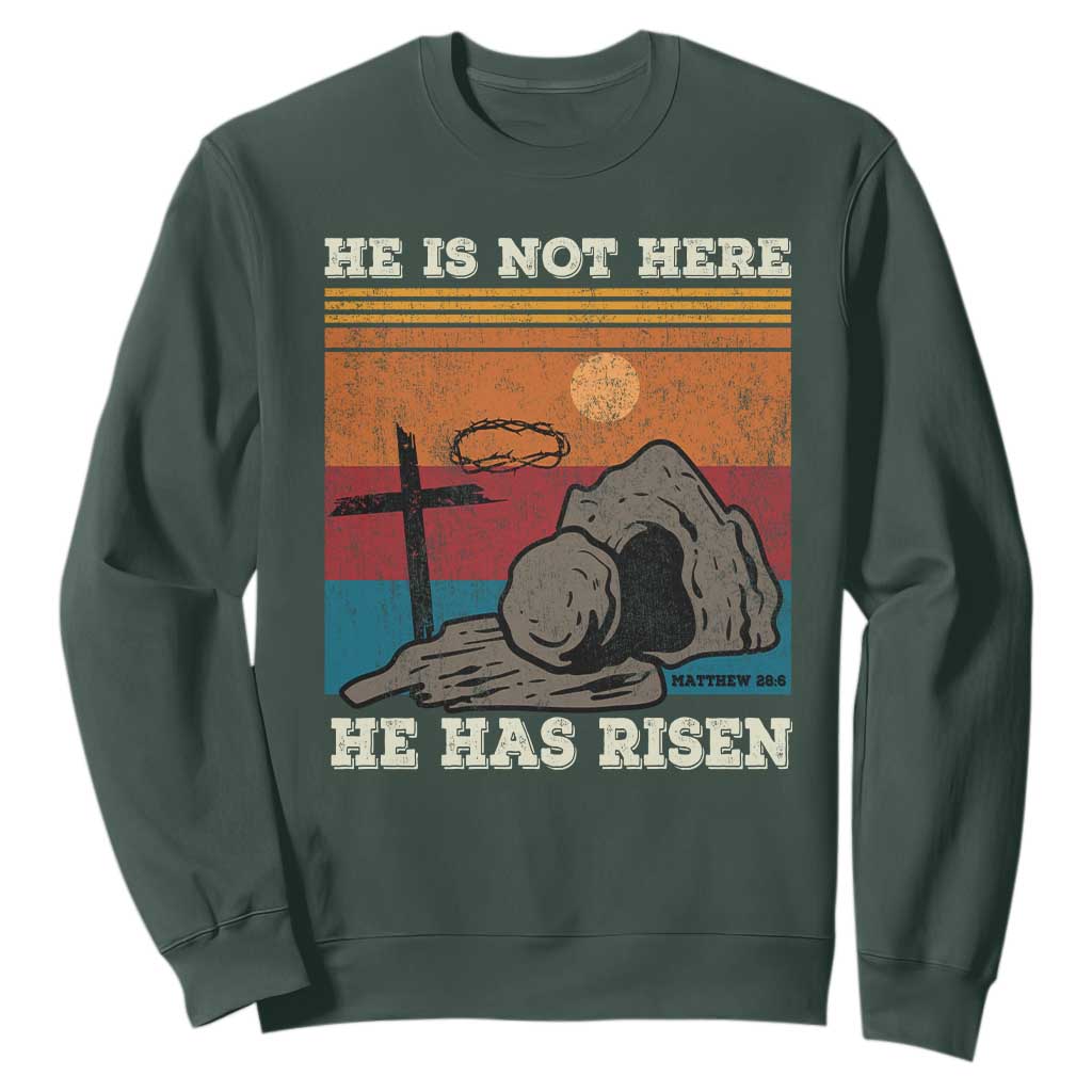 Jesus He is Risen Sweatshirt Matthew 28:6 Vintage Christian Easter TS10 Dark Forest Green Print Your Wear