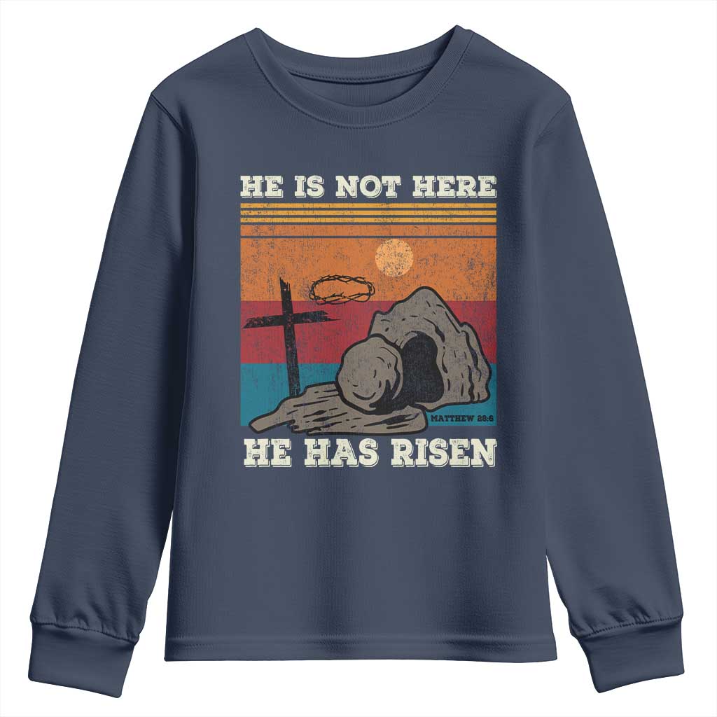 Jesus He is Risen Youth Sweatshirt Matthew 28:6 Vintage Christian Easter TS10 Navy Print Your Wear