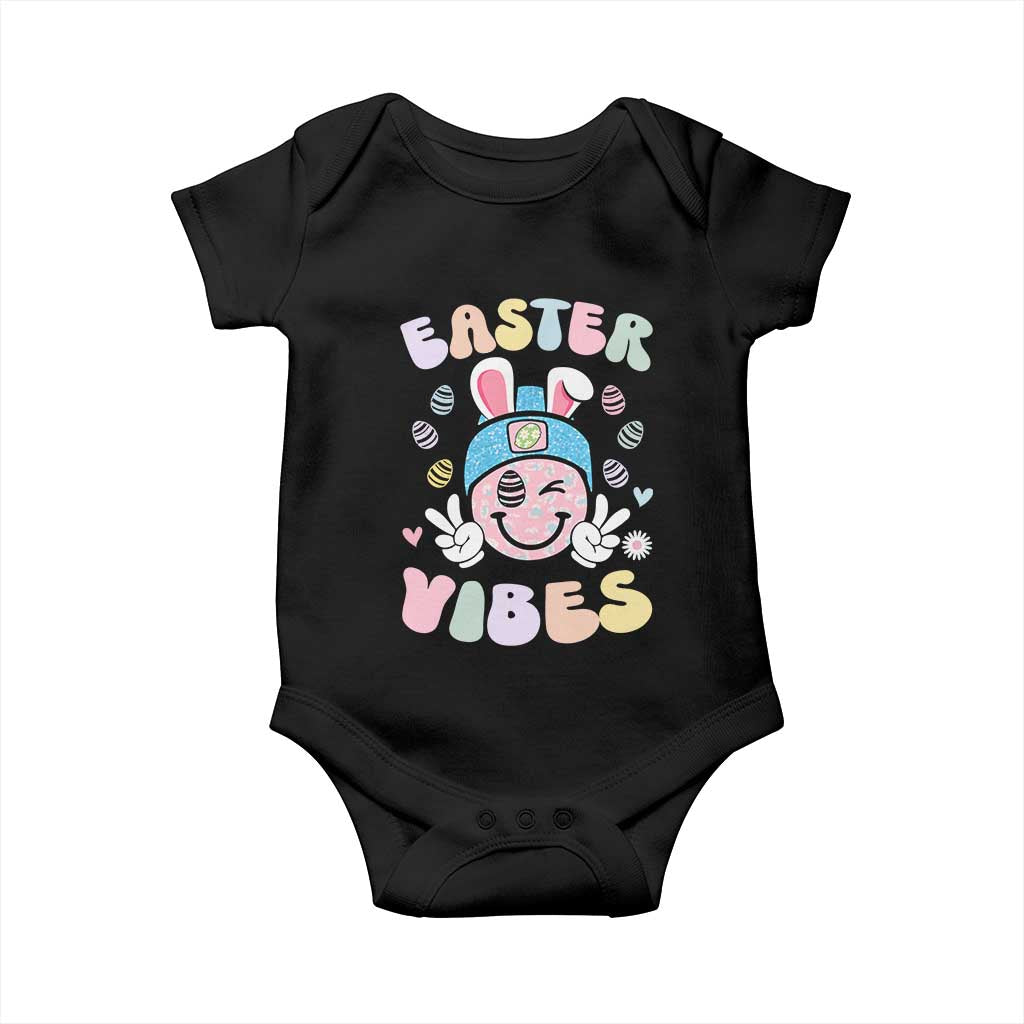 Groovy Easter Vibes Baby Onesie Retro Bunny Smile Eggs TS10 Black Print Your Wear