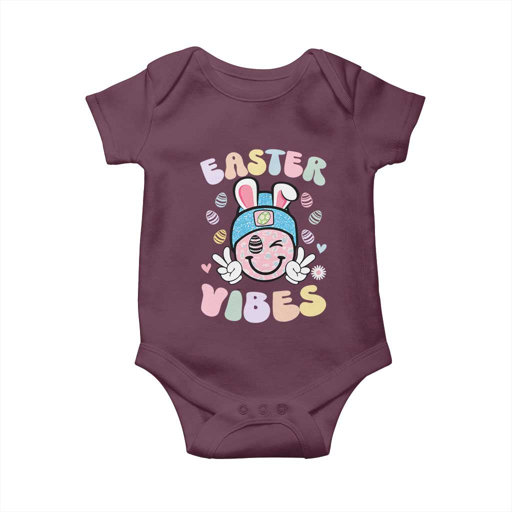 Groovy Easter Vibes Baby Onesie Retro Bunny Smile Eggs TS10 Maroon Print Your Wear
