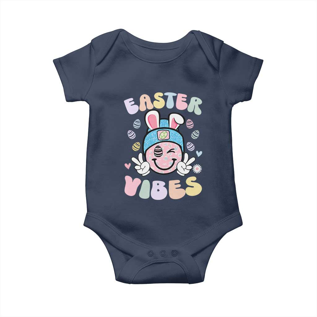 Groovy Easter Vibes Baby Onesie Retro Bunny Smile Eggs TS10 Navy Print Your Wear