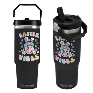 Groovy Easter Vibes Flip Straw Tumbler Retro Bunny Smile Eggs TS10 One Size: 30 oz Black Print Your Wear