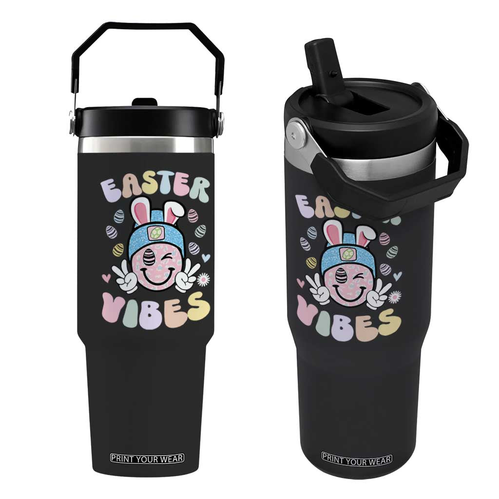 Groovy Easter Vibes Flip Straw Tumbler Retro Bunny Smile Eggs TS10 One Size: 30 oz Black Print Your Wear