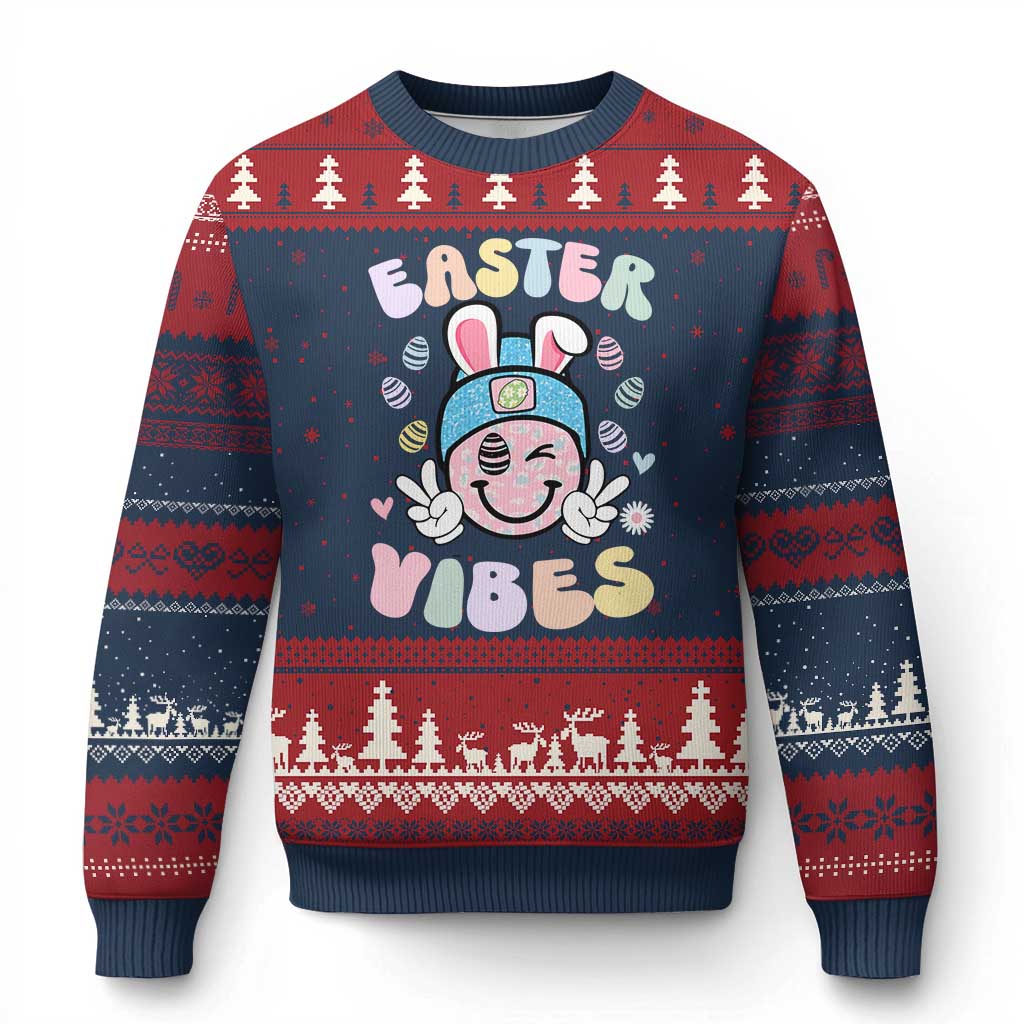 Groovy Easter Vibes Ugly Christmas Sweater Retro Bunny Smile Eggs TS10 Navy Red Print Your Wear