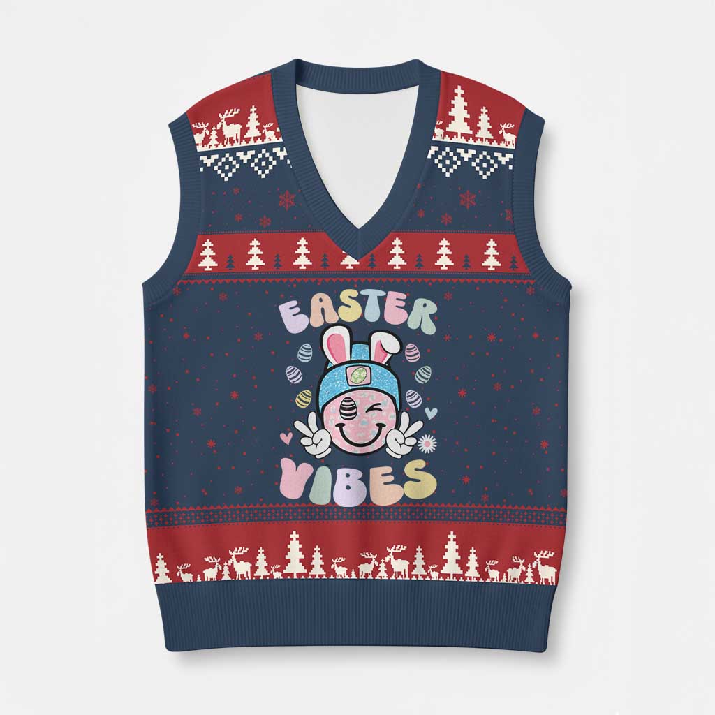 Groovy Easter Vibes V-Neck Knit Sweater Vest Retro Bunny Smile Eggs TS10 Navy Red Print Your Wear