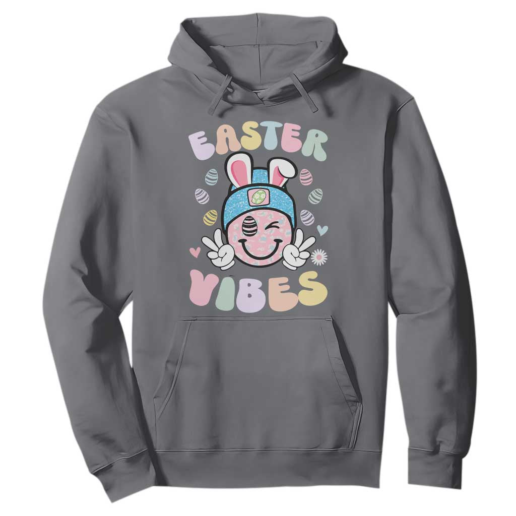Groovy Easter Vibes Hoodie Retro Bunny Smile Eggs TS10 Charcoal Print Your Wear