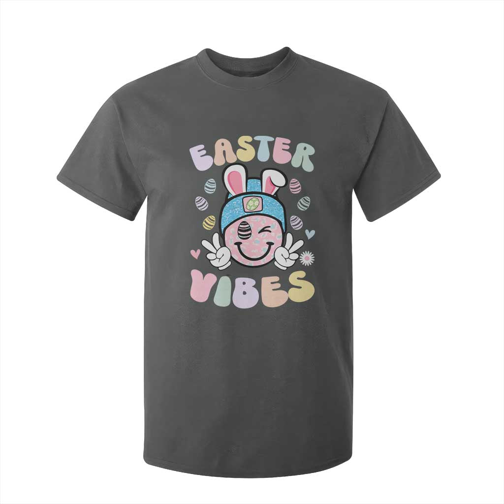 Groovy Easter Vibes T Shirt For Kid Retro Bunny Smile Eggs TS10 Dark Heather Print Your Wear
