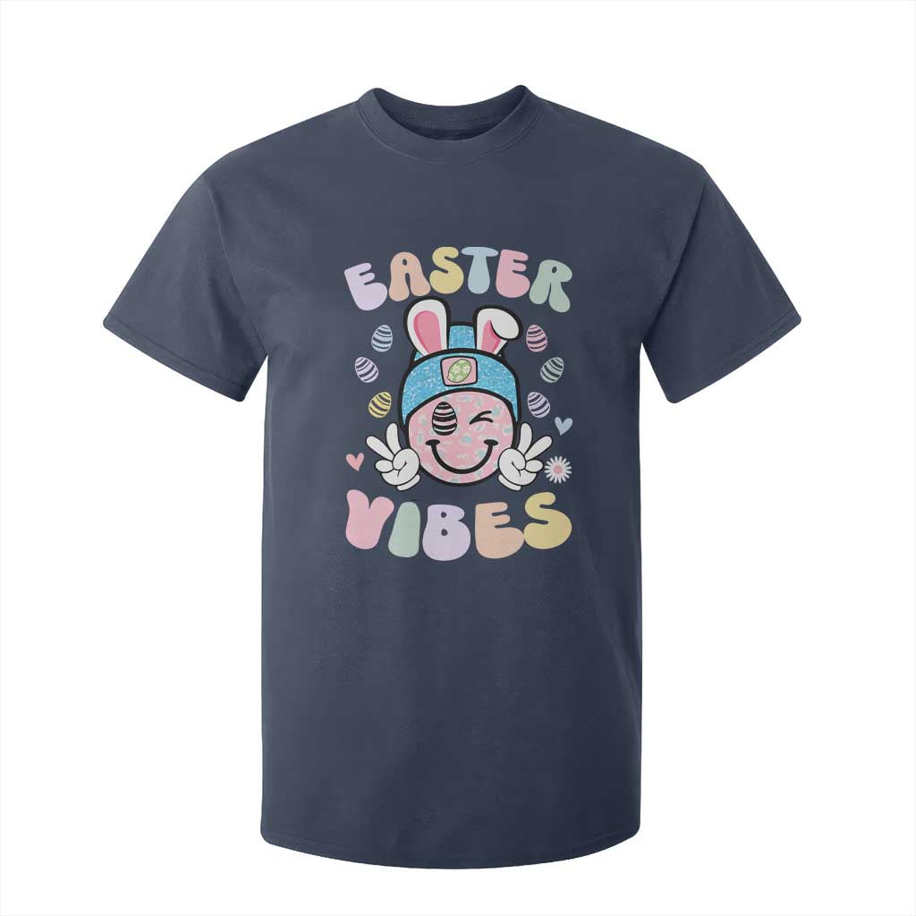 Groovy Easter Vibes T Shirt For Kid Retro Bunny Smile Eggs TS10 Navy Print Your Wear