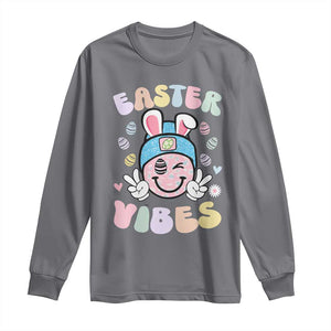 Groovy Easter Vibes Long Sleeve Shirt Retro Bunny Smile Eggs TS10 Charcoal Print Your Wear